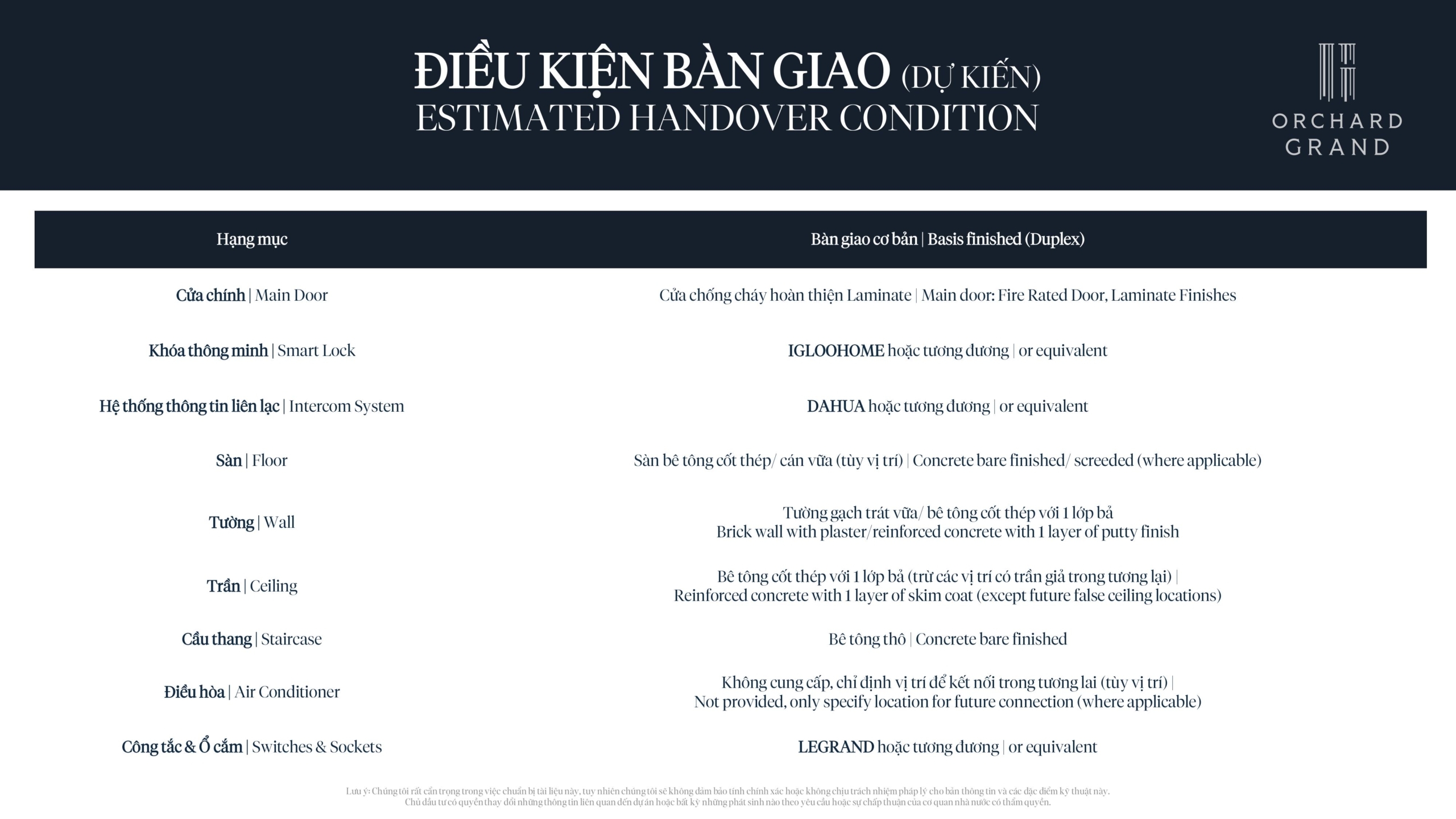 Điều kiện bàn giao chung cho các căn hộ tại Orchard Grand